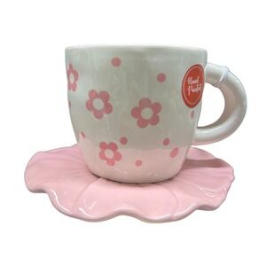 Pink &‎ White Daisy Polka-Dots Coffee Mug Tea & Flower Plate Set New